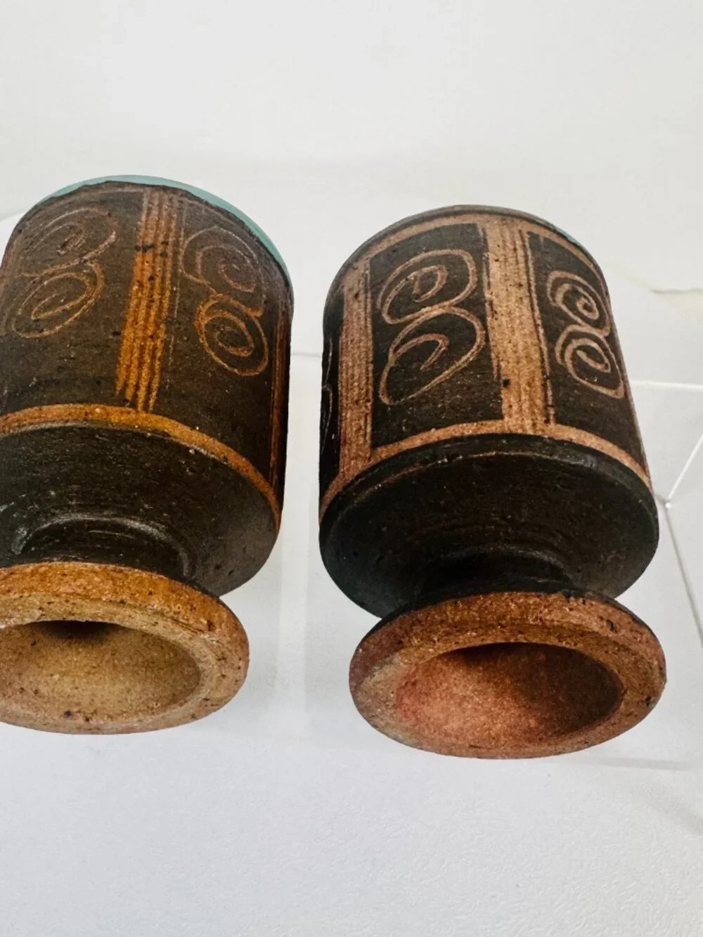 Vtg Set 2 Studio Pottery Stoneware Pedestal 3.25
